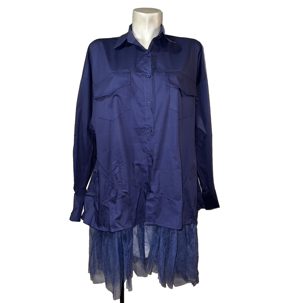 Mirror Sister Navy Blue Tulle Hem Button Down Shirt Tunic Womens Utility Top